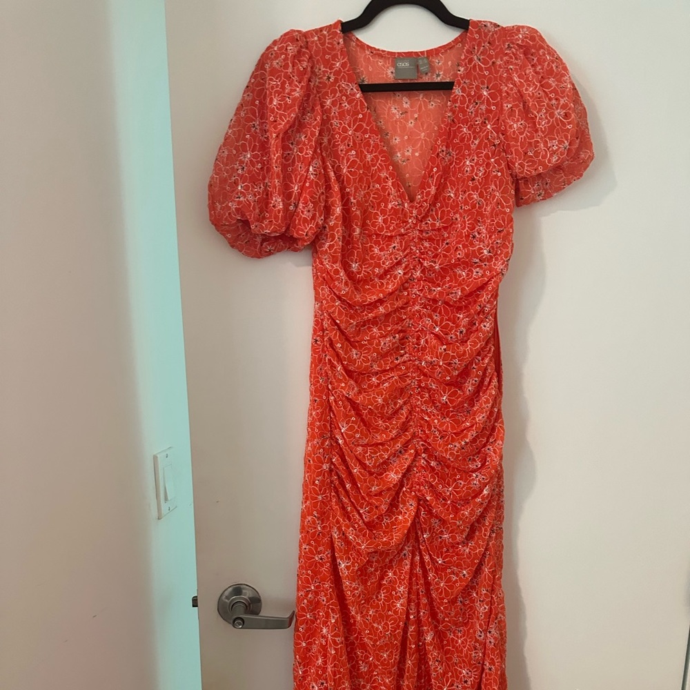 ASOS midi ruched orange figure hugging dress